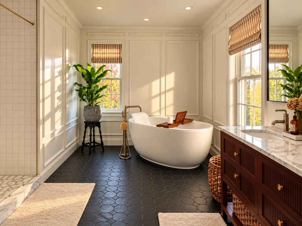 Renovated bathroom with a freestanding soaking tub