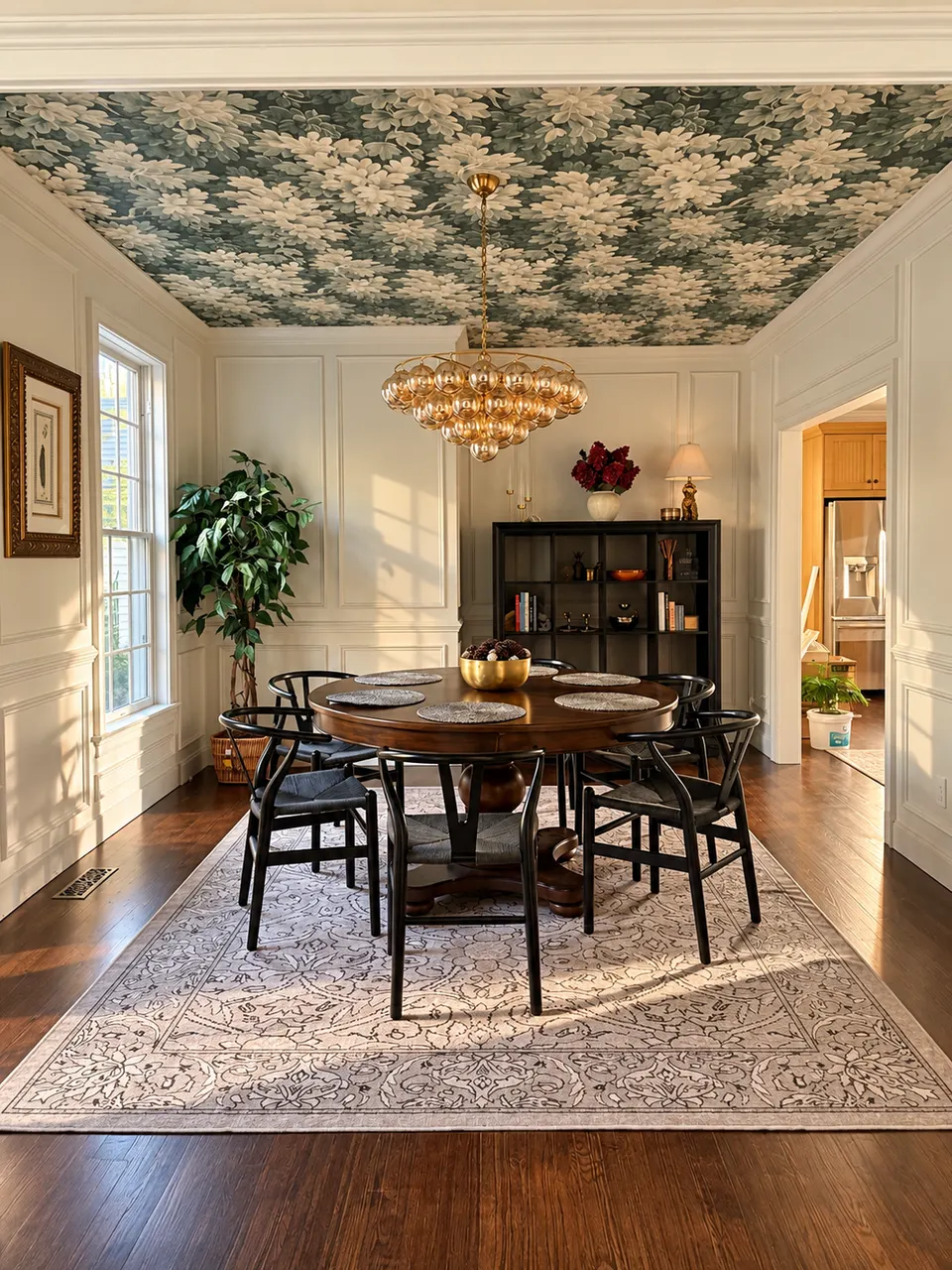 Renovated dining room with a floral painted ceiling