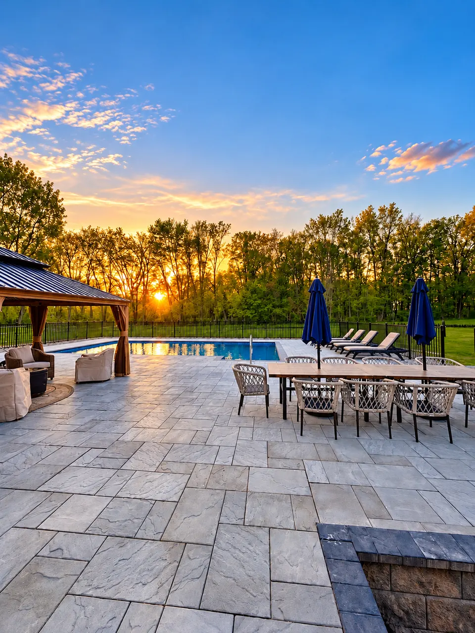 Stone pool patio with a gazebo, umbrellas and outdoor dining at sunset (Hudson Valley residential)