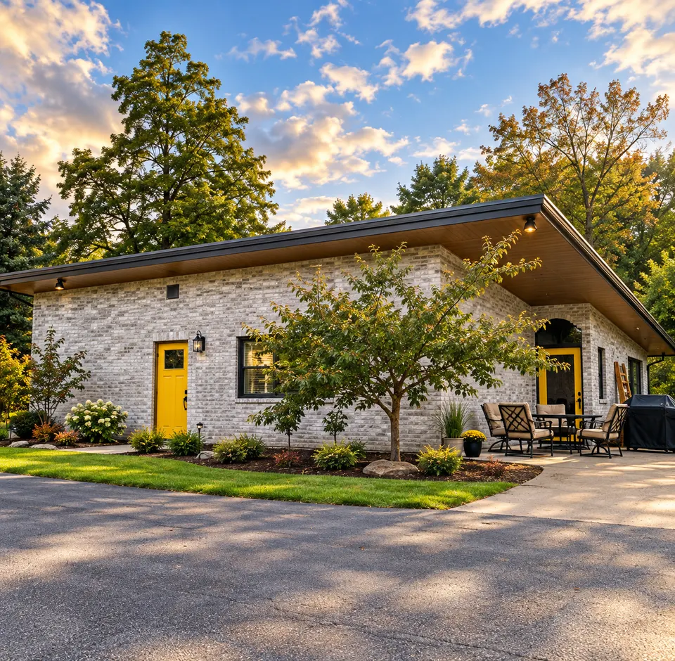 Modern guest house with yellow doors and patio dining